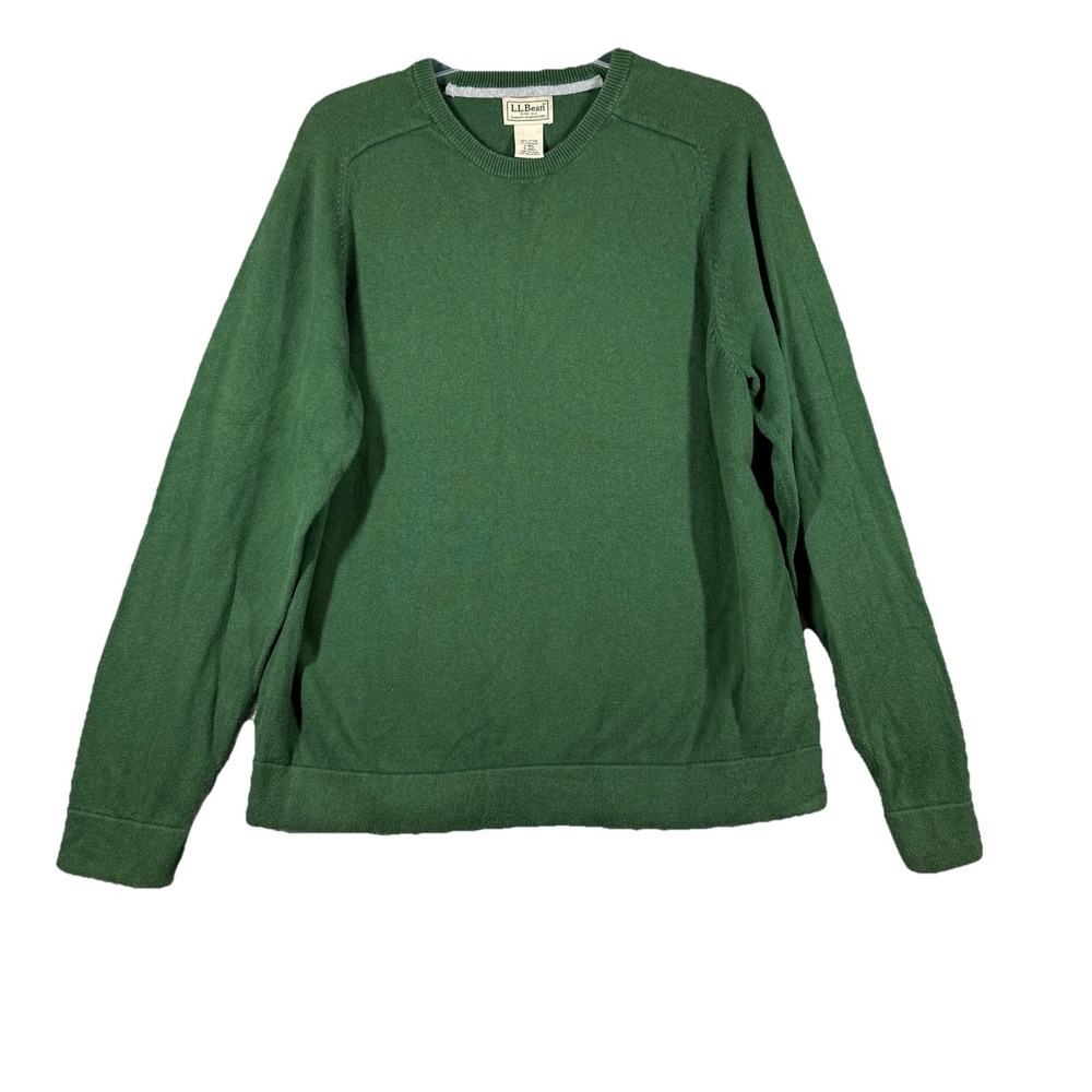L.L. Bean Crew Neck Men's L Green Cotton & Cashmere Knit Relaxed Fit Sweater‎